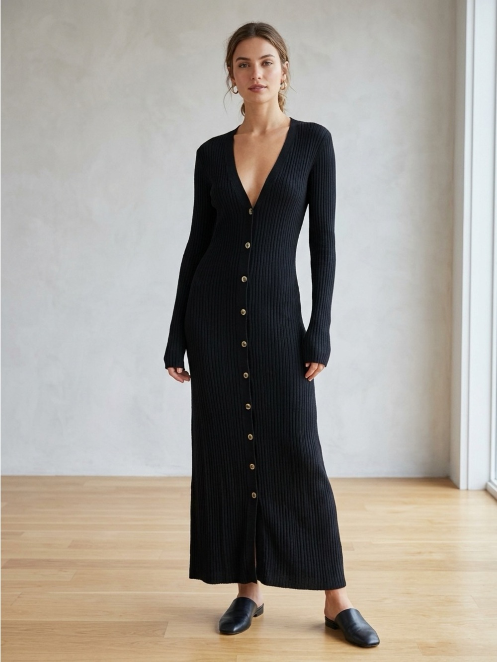 Free People Ribbed Button-Front Long Sleeve Maxi Dress - Black
